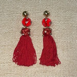 JCrew red crystal beaded tassel earrings.